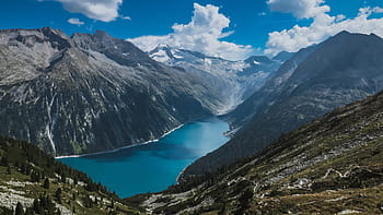jezero, voda, vysočina, hora, stromy, rostlina, Příroda, krajina, modrý, nebe, mraky