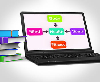 sundhed laptop, viser, mental, åndelig, fysisk, fitness velvære, balance, legeme, forfatning, diagram, passe