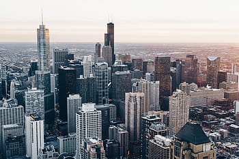Chicago, mrakodrapy, budov, město, západ slunce, usa, střechy, městský, v centru města, panoráma, architektura
