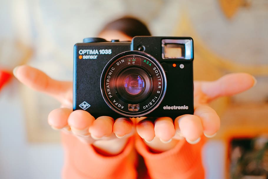 Fotoaparát, ruce, fotografování, fotograf, ruka, objektiv, žena, dívka, fotografie, film, vinobraní