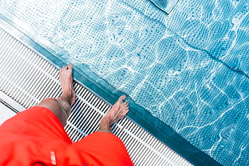 berdiri, tepi, berenang, kolam, aqua, aquapark, biru, waktu, kesenangan, kaki, pria