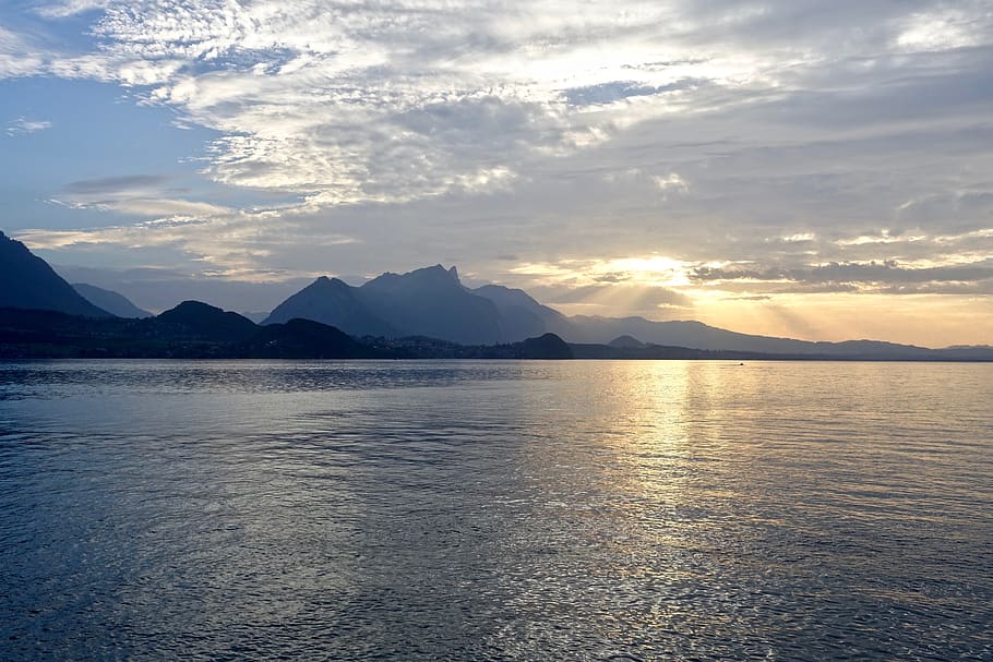 sunset, mountains, glisten, sea, sparkle, ocean, sky, sunlight, glistening, tranquil, ripple