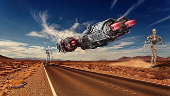 robot, kosmická loď, vesmírná loď, sci-fi, poušť, střet, boj, futuristický, fantazie, UFO, stroj