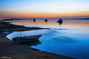 fishing, boat, sunset, sea, ocean, water, dusk, sunrise, orange, blue, sky
