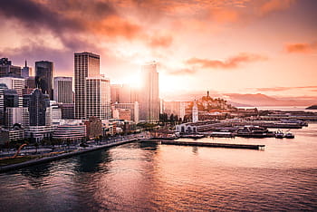 san franciso, finansial, distrik shore sunset sore, kota besar, bangunan, california, kota, awan, malam, bangunan feri, samudra