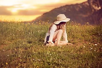 blonde, girl, woman, field, nature, landscape