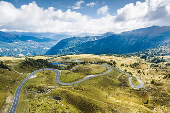 curvilíneo, estrada alpina, aéreo, vista aérea, estradas alpinas, olho de pássaro, carros, dirigir, condução, floresta, de cima