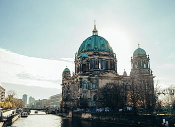 boční pohled, berlínská katedrála, řeka spree, Sluneční svit, architektura, umění, modrý, hlavní město, katedrála, kostel, kupole