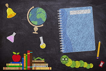 books, globe, issue, bookworm, apple, bell, chemistry glass, pencil, background, learn, back to school