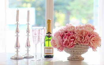 champagne, champagne glasses, peonies, cocktail, cheers, celebration, alcohol, drink, wine, glass, party