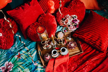 valentine, sarapan pagi hari, tempat tidur, indah, sarapan, cinta, romantis, roman, merah, selimut, makan siang