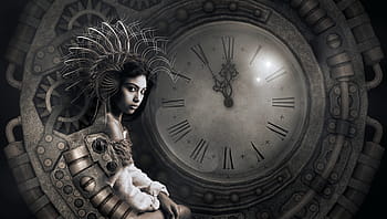 fantasy, clock, woman, surreal, light, mysterious, mood, girl, magic, antique, gears