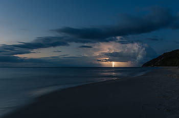 fulmine, tempesta, tempo metereologico, notte, buio, nuvole, natura, tuono, cielo, spiaggia, mare