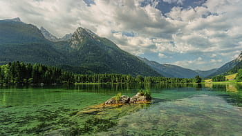 hintersee, bergsee, mountains, ramsau, alpine, clouds, green, water, landscape, bavaria, berchtesgaden