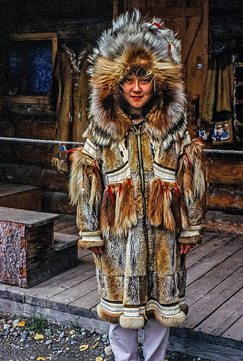young, american woman, traditional, fur clothing, native, tribe, 25-30 years, american, clothing, decoration, fur