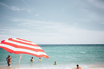 ombrellone da spiaggia, persone, sfondo, baia, blu, costa, vacanza, orizzonte, nuoto, turismo, turisti