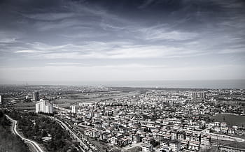wolkig, Himmel, Stadt, Stadt, Dorf, Dorf, über, Häuser, Aussicht, Horizont
