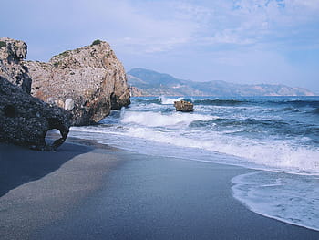 beach, sand, shore, ocean, sea, waves, water, rocks, boulders, sunshine, summer