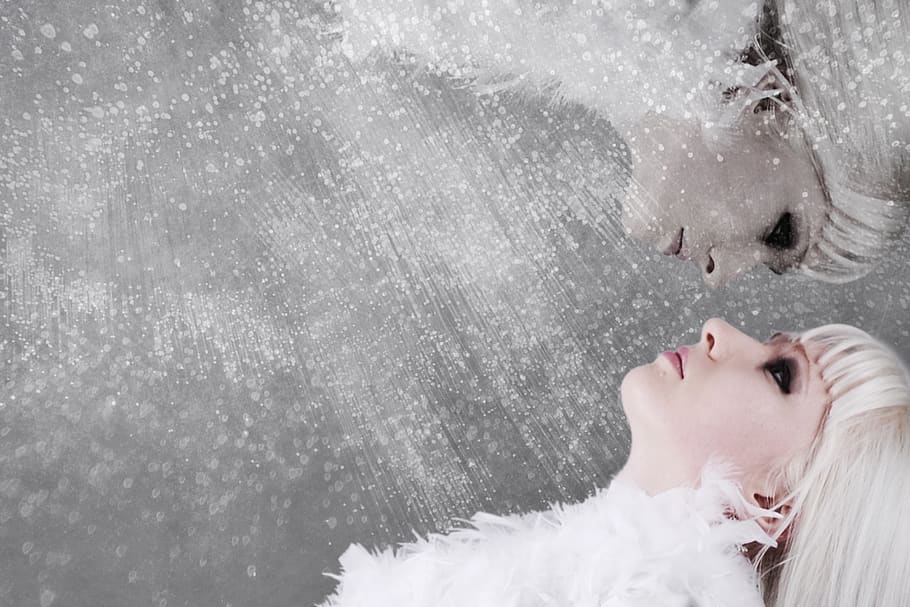 the snow queen, woman, cold, blonde, split, person, snowflake, snow, fantasy, princess, hair