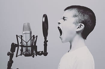 Menschen, Junge, Kind, Singen, schreiend, Musik-, Mikrofon, Filter, Sänger, Schwarz und weiß