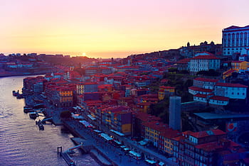 západ slunce, -, porto, starý, město, severní, Portugalsko, panoráma města, Evropa, evropský, historický