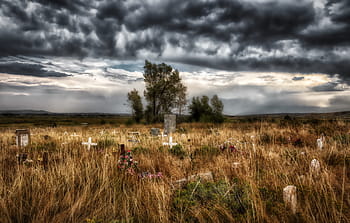 kmenový hřbitov shoshone, wyoming, Amerika, hřbitov, náhrobky, krajina, nebe, mraky, západ slunce, soumrak, američtí indiáni