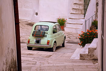 Historické auto, květiny, 500, fiat, alej, schodiště, monte sant'angelo, gargano, puglia