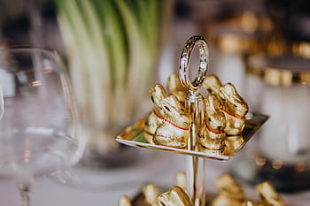 emas, kelinci, nampan, meja, liburan, set meja, coklat, mewah, paskah, dekorasi meja, keanggunan