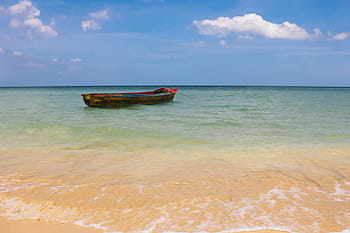 boat, shallow, water, clear, blue, ocean, cloud, holiday, horizon, island, landscape