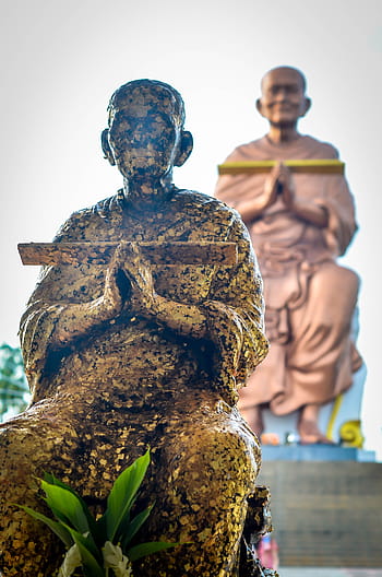 thajský mnich, ayudhaya, Thajsko, -, kontrastní, sochy., thai, mnich, buddhismus, kultura, tradiční
