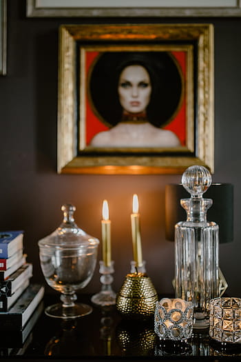 jarra, velas, pintura, pared, interior, hogar, revistas, artículos esenciales, libros, decoración, decoraciones