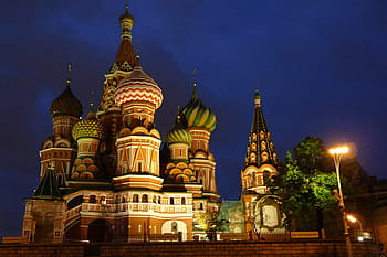 Moscow, city, urban, Saint Basil's Cathedral, night view, Russian architecture, historical landmark, colorful domes, Red Square, illuminated building, night photography