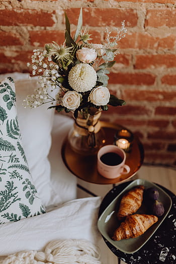 cantik, wanita, kamar tidur, indah, buket, bunga, bantal, selimut, kamar, interior, croissant