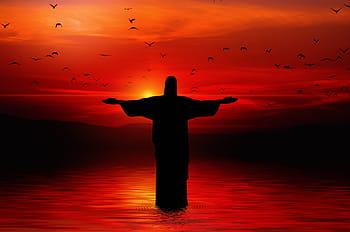 christ, statue, birds, sea, redeemer, faith, god, jesus, clouds, sun, light