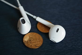 iphone, náušnice, bílý, hudba, poslouchat, sluchátka, peníze, mince, ios, mobilní, pohybliví, technologie