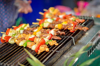 jídlo, místní, trh, -, kebab, špejle, thai, asijský, kuchyně, pikantní, zelená