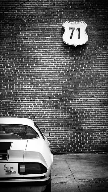 camaro, car, black and white, transport, vintage, retro, brick, wall, city, street, muscle car