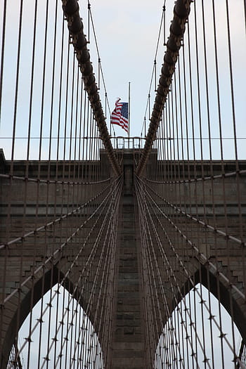 american flag, fluttering, tower, suspension bridge, america, american, architecture, blue, cityscape, flag, floating