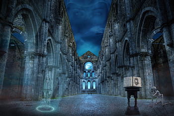 fantasy, ruins, gothic, dark, mystery, horror, light, mysterious