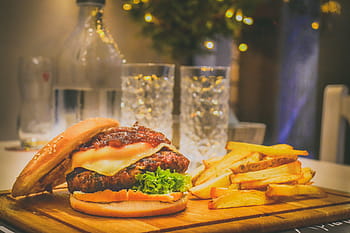 Hamburger, obiad, posiłek, jedzenie, wołowina, butelka, chleb, burger, ser, cheeseburger, danie