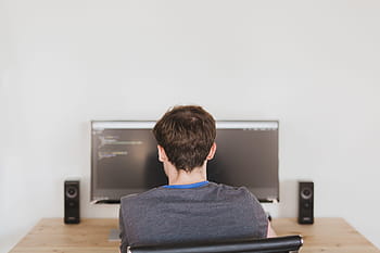 fyr, mand, arbejde, mennesker, forretning, skrivebord, kontor, højttalere, overvåge, computer, teknologi