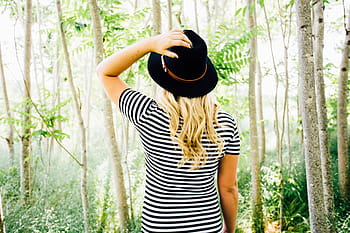 pige, kvinde, model, mode, fedora, hat, striber, Skov, træer, natur, blond