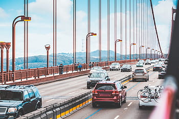 tráfego: lote, carros, condução, do outro lado, dourado, ponte do portão, ponte, califórnia, dirigir, motoristas, estrada