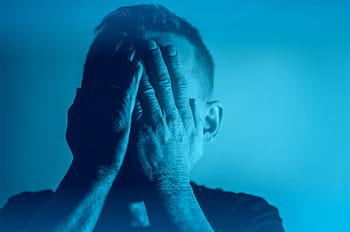 Deprese, -, smutek, zoufalství, muž, ruce, krytina, tvář, modrý, tón, sama