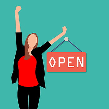 illustration, victorious, woman, open, retail, store sign, business, opening, open for business sign, grand opening, door open