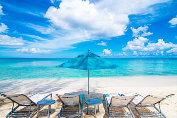 Strand, playa, Sand, Palme, Liegestühle, Liegen, Regenschirm, Sieben Meilen Strand, Cayman Inseln, Grundeigentum