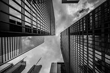 buildings, towers, high rises, architecture, city, dark, storm, clouds, cloudy, black and white
