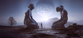 fantasy, figures, planet, woman, light, statue, surreal, mysterious, mystical, atmosphere, fairy tales