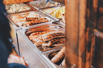 jídlo, stravování, bufet, jíst, stolování, oběd, klobásy, bbq, grilovaný, připravený, večírek