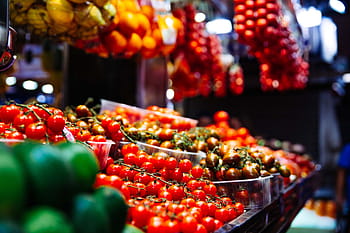 fresh, red, tomatoes, vegetable market, bright, display, green, group, market, meal, agriculture